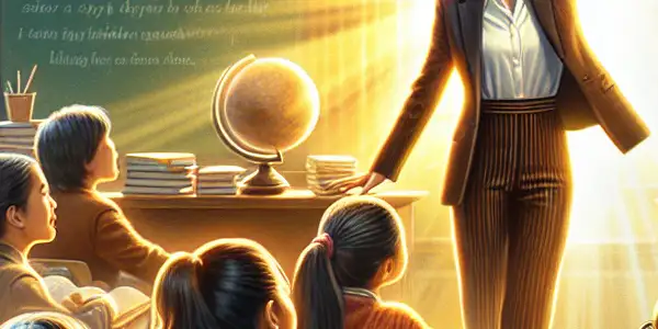 A passionate Asian female teacher inspires engaged students in a vibrant, sunlit classroom filled with educational elements.