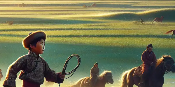 A young Mongolian boy holds a whip in a sunlit grassland, surrounded by wildflowers and galloping horses.