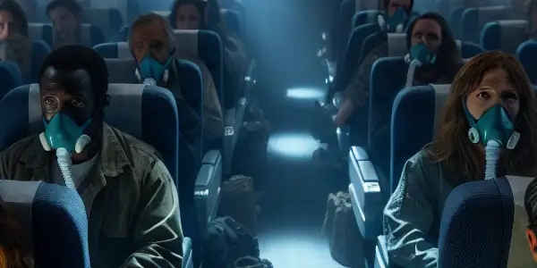 A tense airplane cabin filled with panicked passengers amid a looming viral outbreak and stormy skies outside.