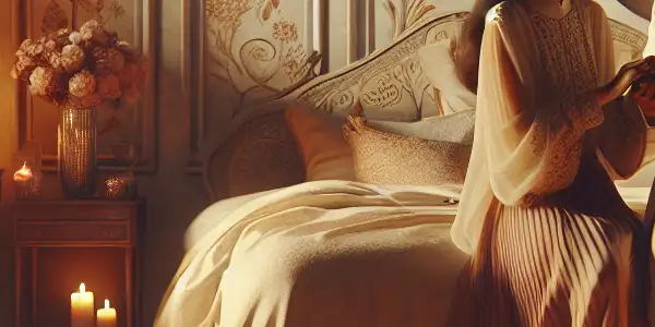 A cozy bedroom scene featuring a playful couple in elegant costumes, surrounded by romantic props and soft lighting.