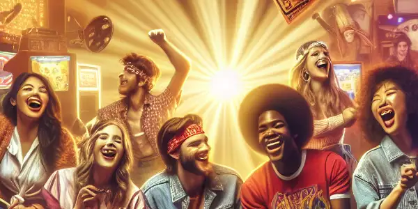 A lively retro arcade scene with friends enjoying classic video games, vibrant neon lights, and nostalgic 1980s decor.