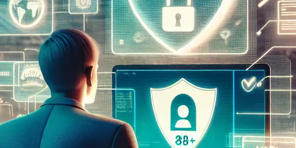 A serene digital workspace illustrating safe adult content sharing with a blurred figure, VPN icon, and privacy symbols.