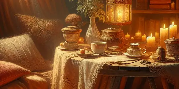 A cozy reading nook with warm lighting, elegant books, a steaming cup of tea, and vibrant flowers.