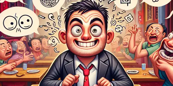 A bustling restaurant scene with a flustered owner and quirky employee amidst humorous communication mishaps and lively chaos.