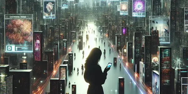 A vibrant digital cityscape representing curated adult selfies, featuring abstract platforms and a person capturing a moment.