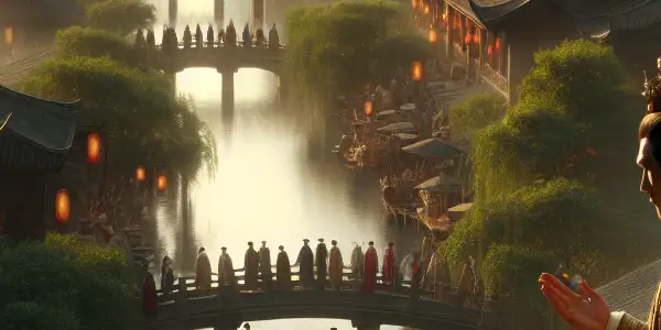 Emperor Qianlong interacts with villagers in a vibrant Jiangnan setting, showcasing Qing Dynasty architecture and cultural richness.