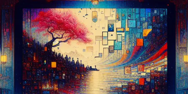 A dimly lit movie theater with red velvet seats, showcasing abstract visuals on screen, evoking themes of societal taboos.