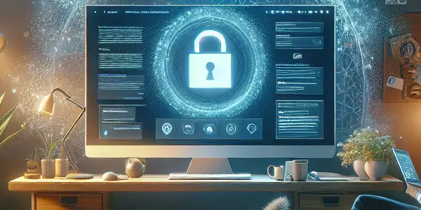 A cozy home office with a computer displaying a safe adult content site, surrounded by plants and digital security symbols.