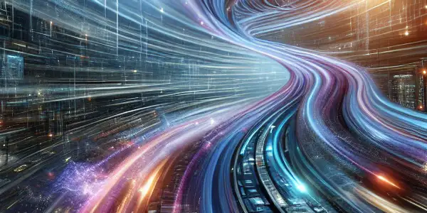 Abstract representation of seamless data flow in a tech environment with vibrant light streams, futuristic servers, and speed metaphors.