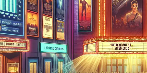 A lively cinema scene with diverse moviegoers checking box office data on devices, surrounded by vibrant film posters.