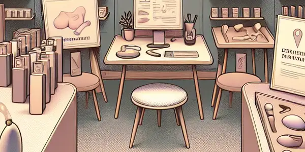 A modern adult product shop featuring innovative items, sleek displays, and a warm, inviting atmosphere focused on safety and privacy.