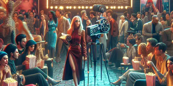 A vibrant outdoor film festival celebrating adult cinema, featuring diverse crowds, movie posters, and an inviting atmosphere.