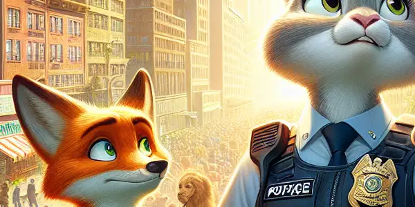 A bustling city scene with anthropomorphic animals, featuring Judy Hopps and Nick Wilde in a cheerful, adventurous atmosphere.
