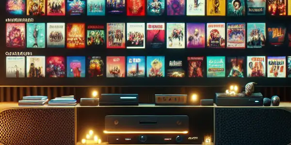 A cozy modern living room featuring a large TV, comfortable sofa, and movie memorabilia for an inviting movie night.