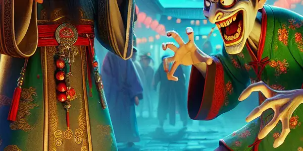 A Taoist priest confronts a whimsical zombie in a vibrant Hong Kong night market under a full moon.