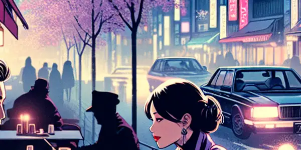 A cozy urban café at twilight, featuring two characters in deep conversation under cherry blossom trees and glowing street lights.