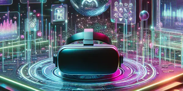 A futuristic 3D environment showcasing a VR headset and interactive elements related to online adult entertainment.