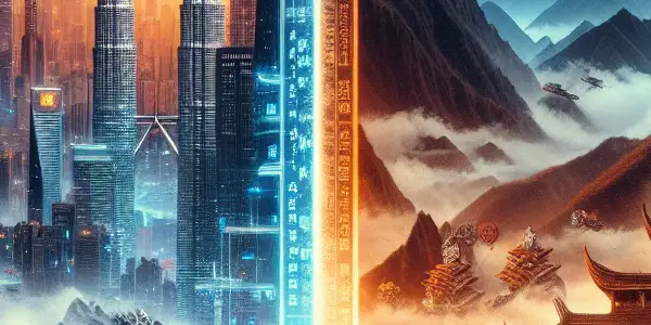 A split-screen poster showcasing a futuristic cityscape and a traditional Chinese landscape representing two contrasting films.