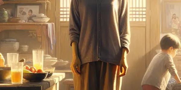 A nurturing single mother in a sunlit living room, surrounded by children's toys and family photos, embodies love and sacrifice.