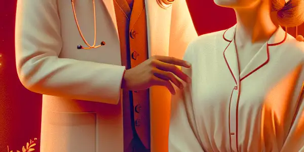 A romantic couple playfully role-playing as doctor and patient in a cozy, softly lit bedroom.