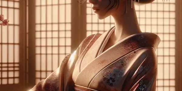 An elegant woman in a silk kimono poses in a traditional Japanese room, surrounded by cherry blossoms and soft lighting.