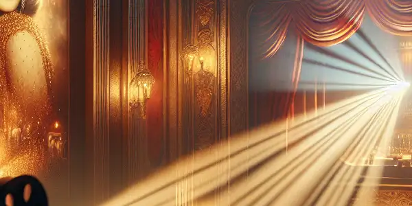 A vintage cinema scene featuring a film projector, audience, and a glamorous poster of actress Aoi Sora.