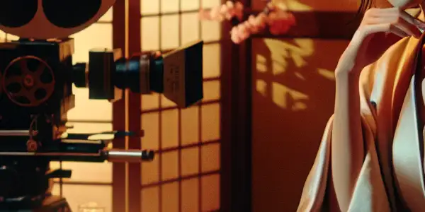 A romantic scene featuring a stylish female character in a cozy Japanese film set with traditional decor.