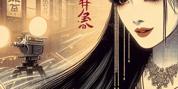 A vintage movie poster featuring an elegant female protagonist in traditional attire, surrounded by cinematic and Asian cultural elements.