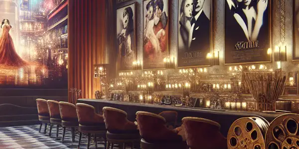 A luxurious film studio showcasing elegant decor, film reels, and glamorous actresses, highlighting high-quality Japanese adult films.