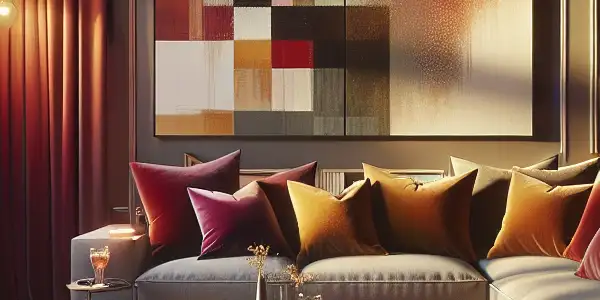 A cozy living room with a plush couch, abstract art, popcorn, and drinks, perfect for a relaxed movie night.