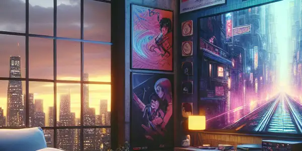 A cozy, dimly lit living room with a couch, large screen, snacks, and a city skyline at dusk.