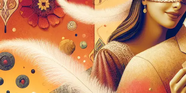 A couple playfully engaged in a blindfold challenge in a cozy, romantic bedroom setting.