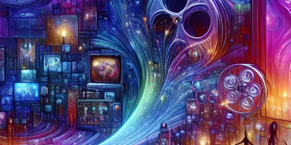 A vibrant digital landscape symbolizing adult entertainment, featuring glowing screens, film reels, and suggestive silhouettes.