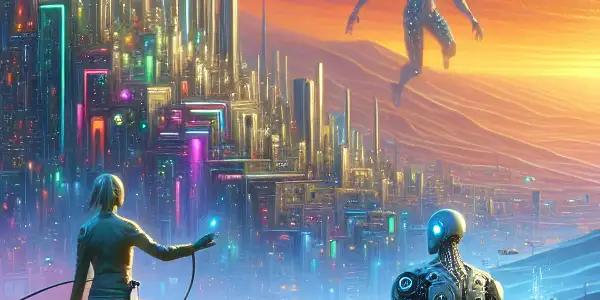 A futuristic cityscape with a determined female cyborg and an introspective male character against a serene sunset landscape.