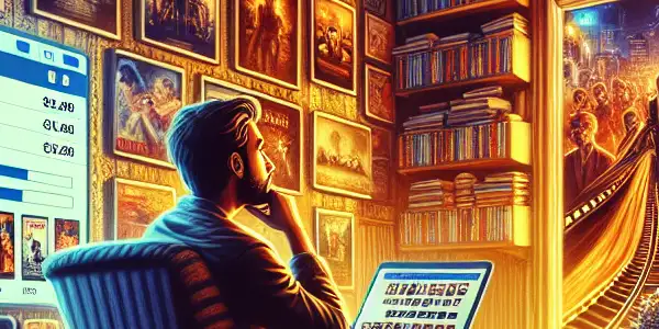 A cozy home theater scene with a movie enthusiast downloading films on a laptop surrounded by movie memorabilia.