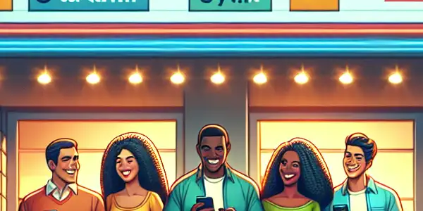 A lively movie theater scene with friends excitedly using ticket apps to save money on movie tickets.