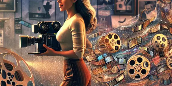 A young filmmaker works passionately in a cozy studio, surrounded by filmmaking tools, posters, and creative inspiration.