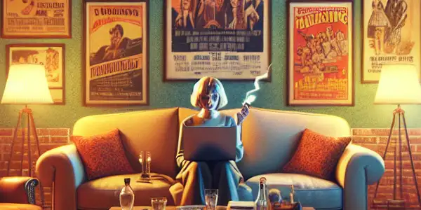 A cozy home filled with film posters, a notebook of film vocabulary, and a laptop for streaming movies.