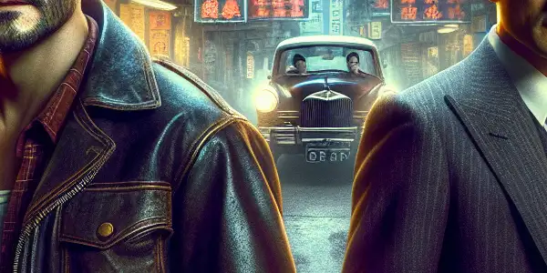 Two men, one rugged and determined, the other suave and intelligent, stand in 1960s Hong Kong's moody streets, hinting at tension.