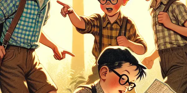 Four boys embark on an adventurous journey through a sunlit forest, showcasing friendship and exploration.