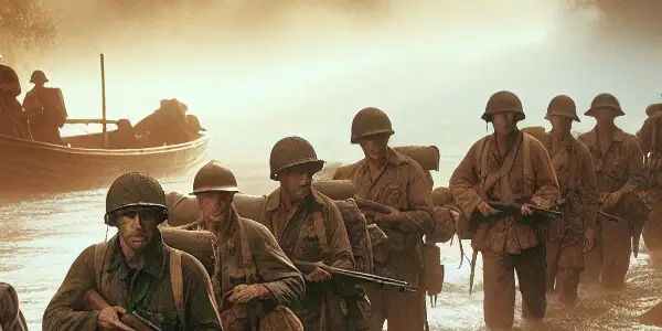 Chinese soldiers stealthily crossing a foggy river at dawn, displaying bravery and camaraderie against a tense backdrop.