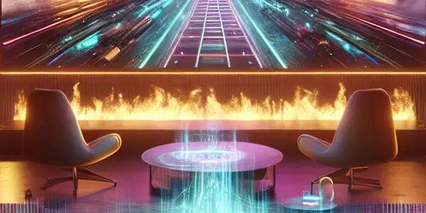 A futuristic living room featuring a high-definition screen displaying an adult film, with VR elements and ambient lighting.