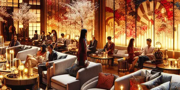 A modern adult entertainment lounge with warm lighting, plush seating, and subtle Japanese decor, featuring abstract visuals and a relaxed atmosphere.