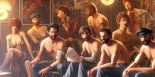 A dimly lit underground film set with diverse actors discussing a script, surrounded by vintage equipment and provocative posters.<a href=