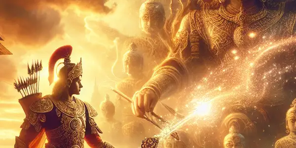 A heroic Indian warrior stands on a grand battlefield, surrounded by ancient architecture and magical light effects.