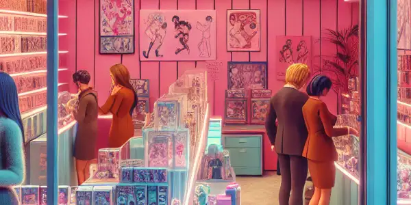 A modern adult toy store featuring vibrant decor, diverse customers, and playful Japanese AV-inspired products.