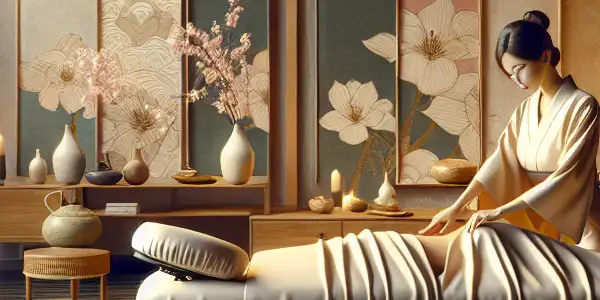A serene Japanese massage room featuring a therapist in a kimono, a plush table, and warm, inviting decor.
