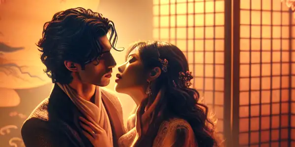 A couple in a tender embrace in a dimly lit, romantic Japanese-inspired room adorned with cherry blossoms.