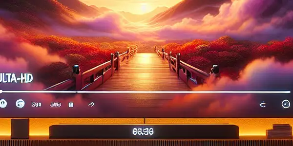 A modern living room with a large screen showing a colorful scene from a fictional Japanese film, emphasizing comfort and relaxation.