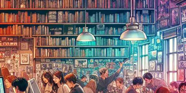 A cozy virtual café filled with diverse individuals discussing adult films and Japanese AV movies.